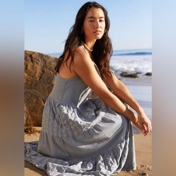 Amadi Women’s Grey Boho Hippie Tiered Flowy Minimalist Lagenlook Maxi Dress Med - Picture 7 of 13